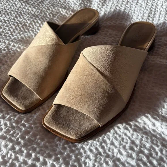 M.Gemi Made in Italy Leather Slide Sandals 42 Beige Square Toe Block Heel Mule - Picture 4 of 10